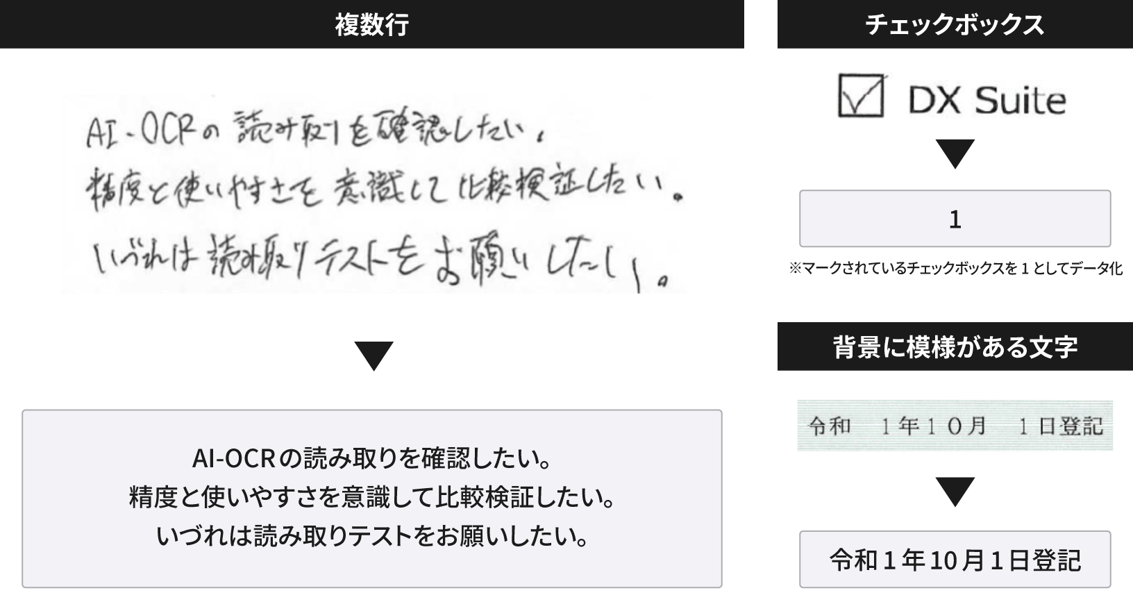 複数行、チェックボックス、背景に模様がある文字の読取イメージ